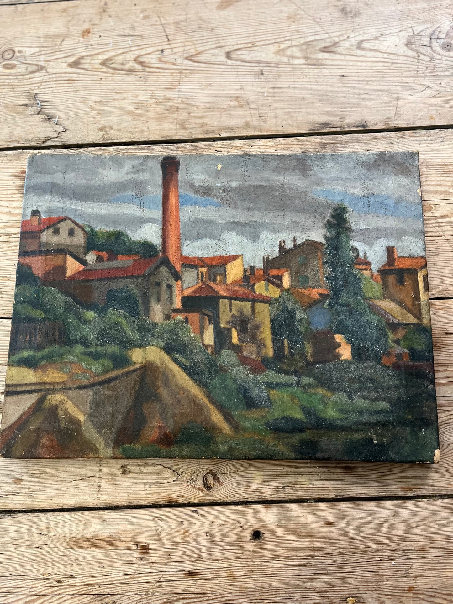 Antique painting of landscape with buildings