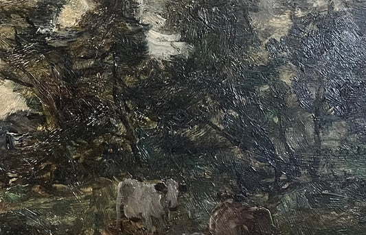 Antique landscape oil on board, with cows