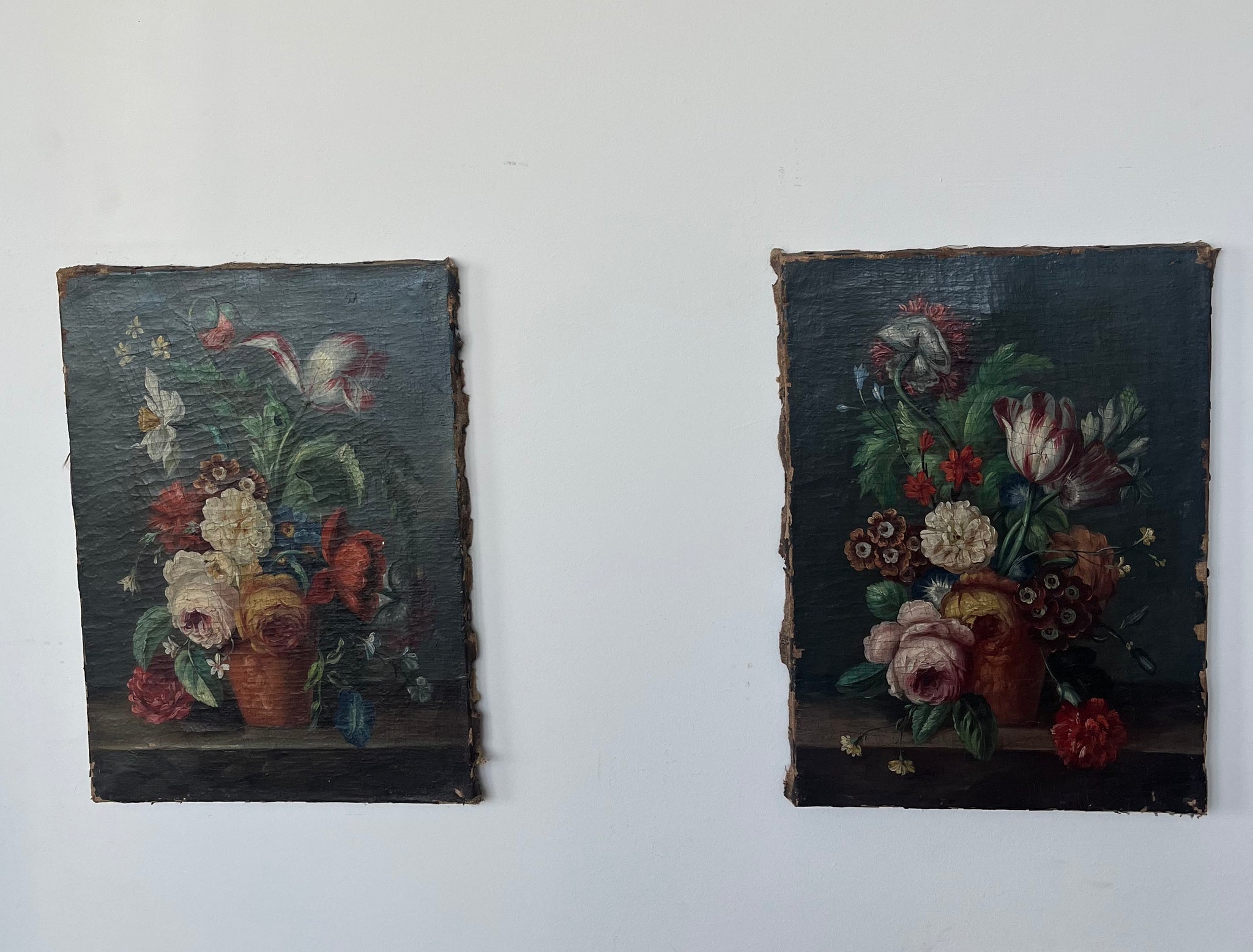 Pair antique floral still life oil on canvas