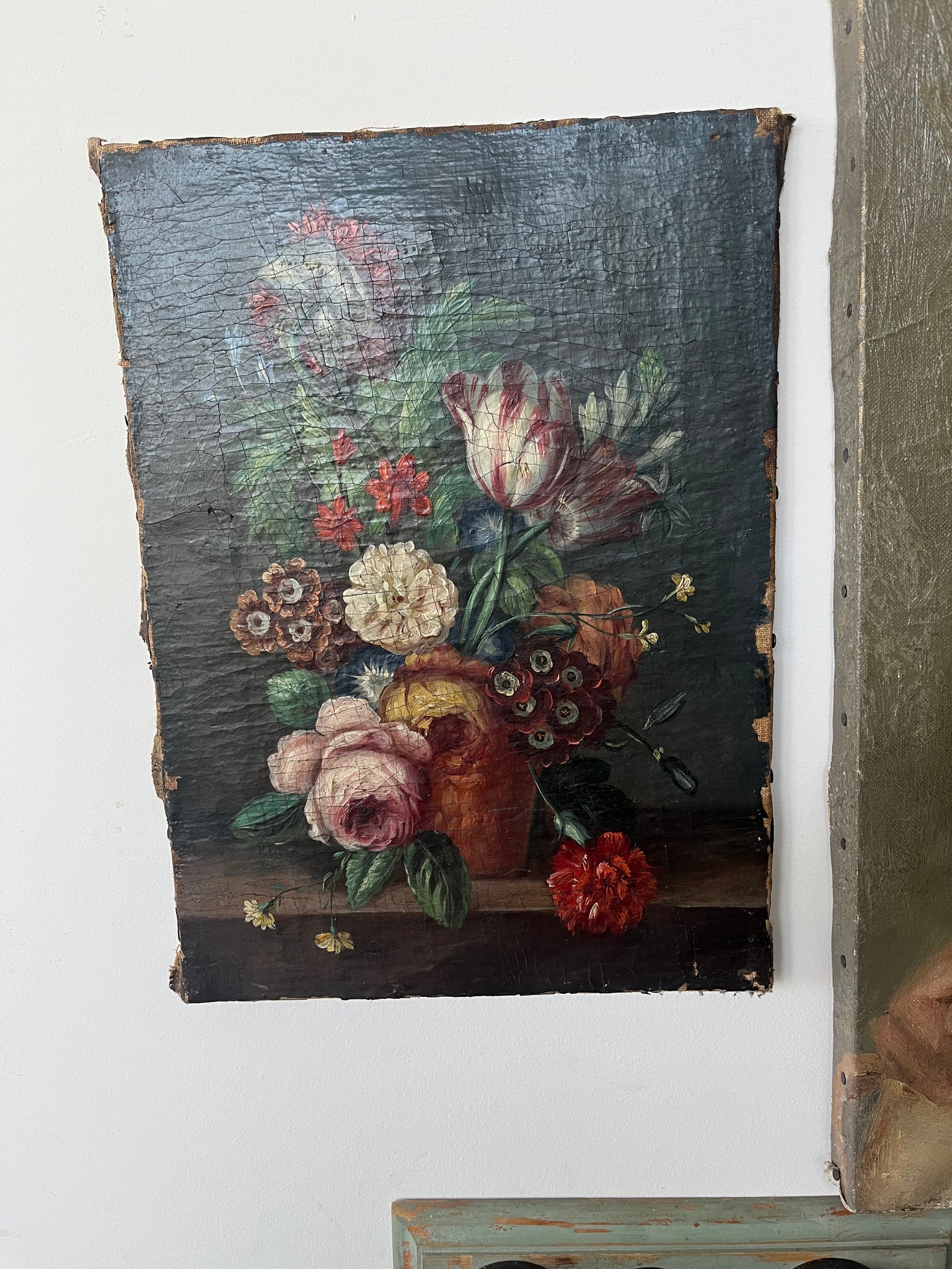 Pair antique floral still life oil on canvas