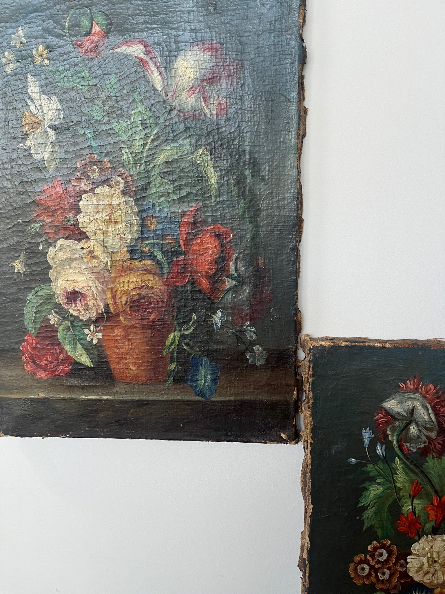 Pair antique floral still life oil on canvas