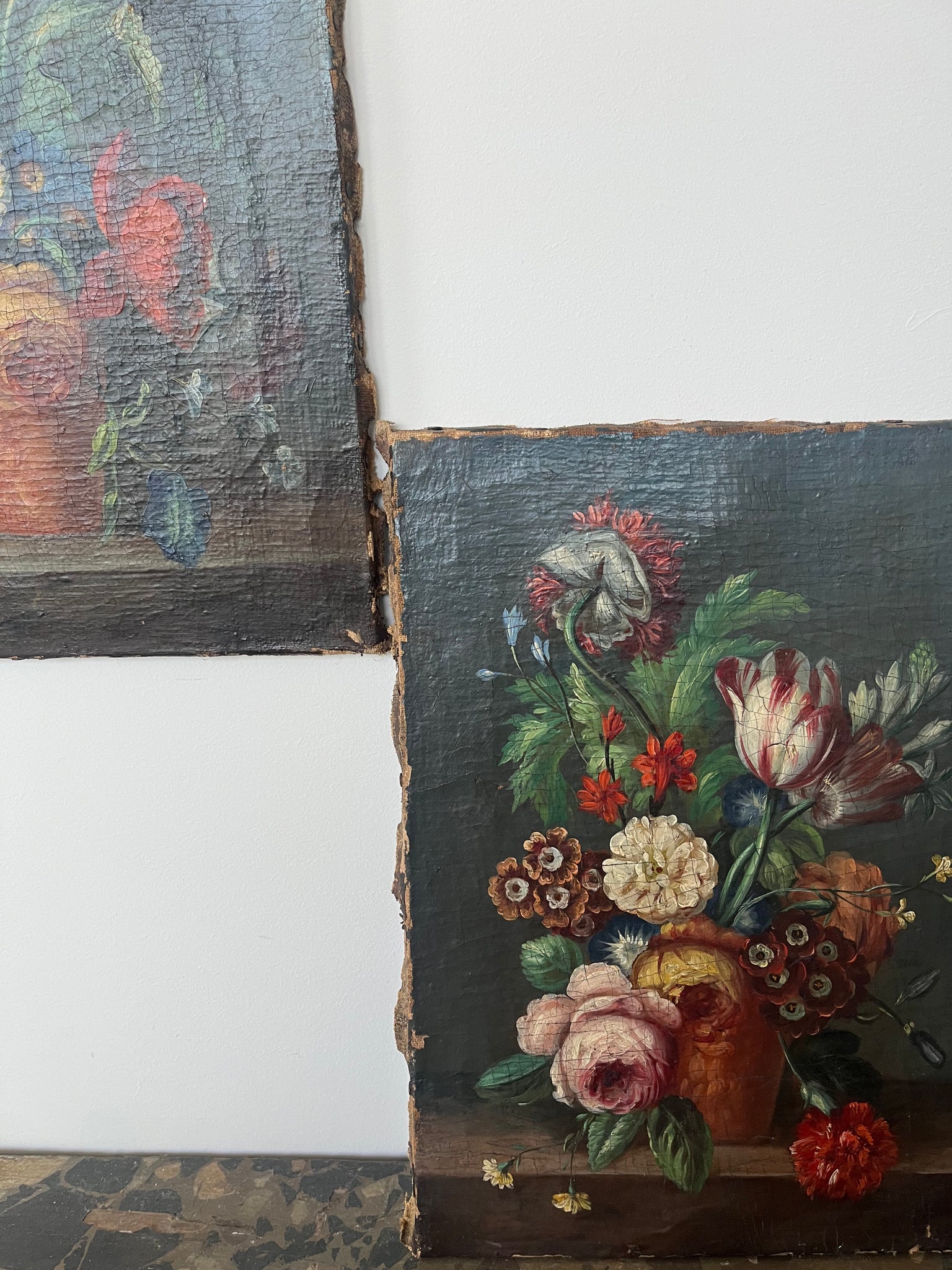 Pair antique floral still life oil on canvas