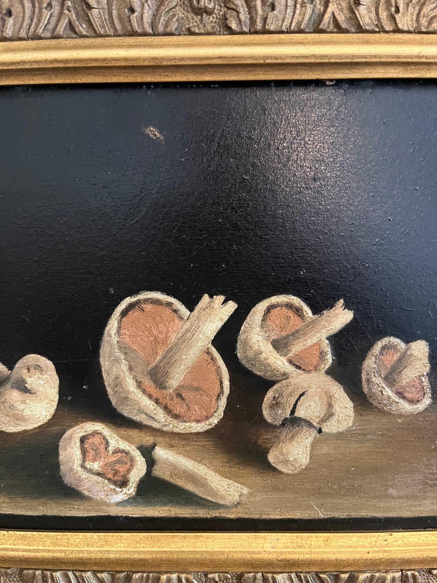 Antique mushrooms, oil on board