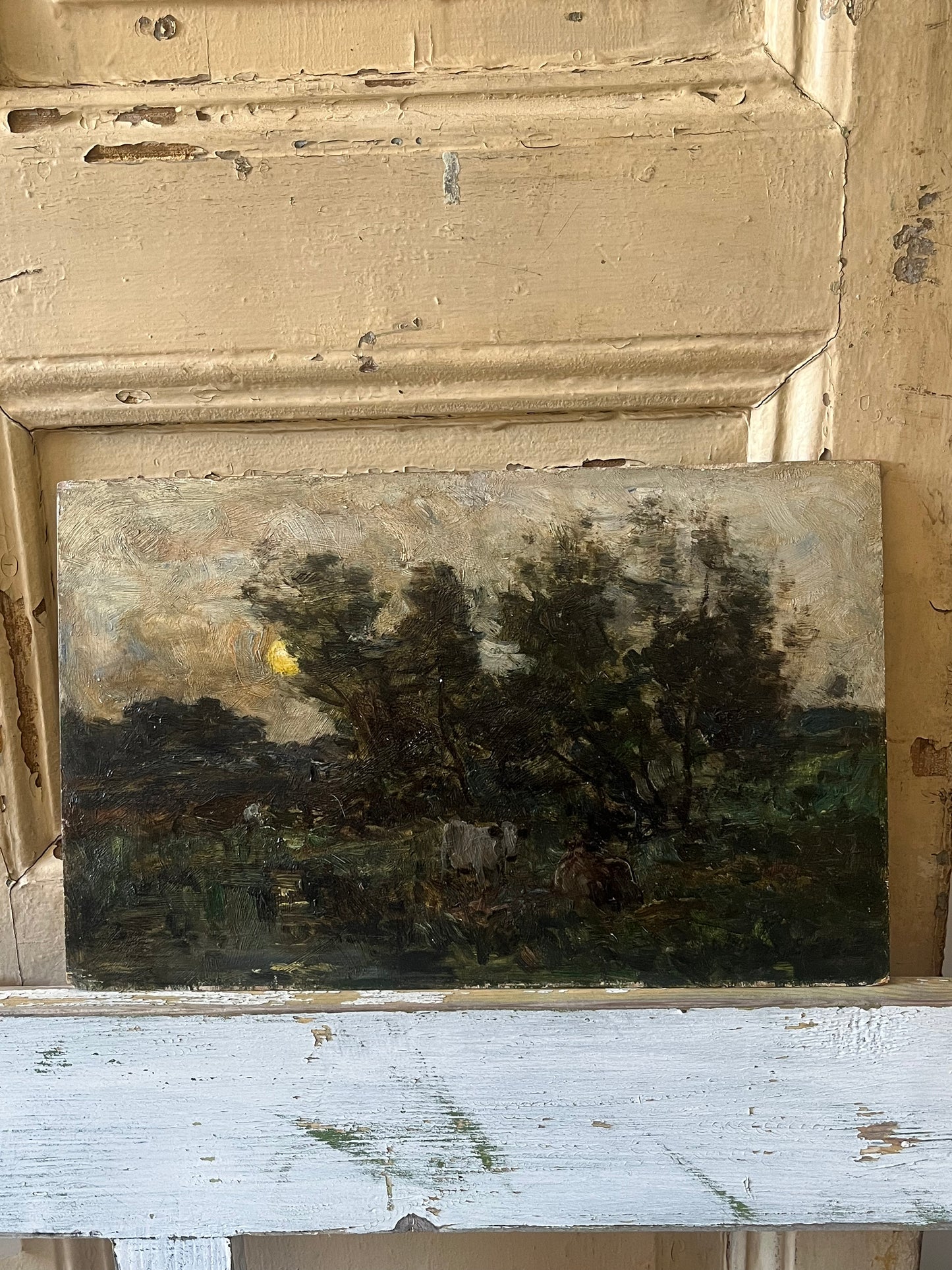 Antique landscape oil on board, with cows