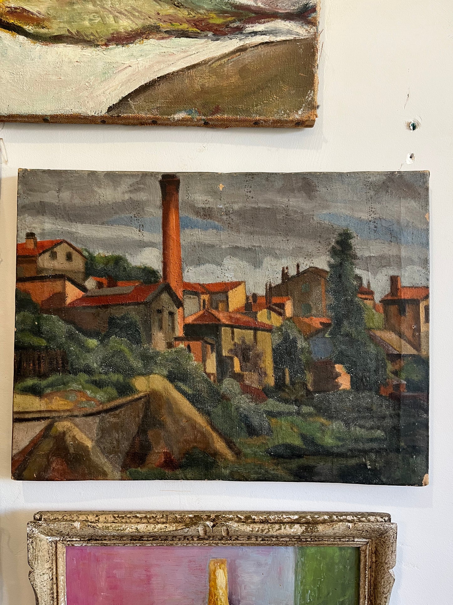 Antique painting of landscape with buildings